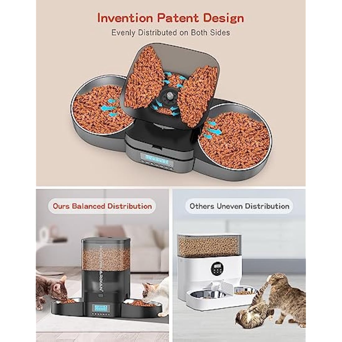 HoneyGuaridan Automatic Cat Feeder for 2 Cats, Equally Distributed Cat Feeder Timer Dispenser with 4-stage Seal Lock Fresh, 10s Voice Recording, Up to 6 Meals a Day - for Multi-Cats & Dogs(3.5L)