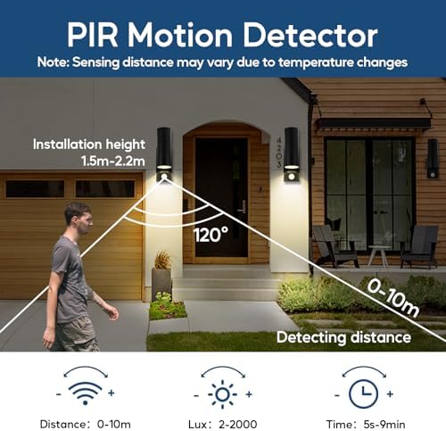 Kerry Outside Wall Lights with Sensor, IP65 Waterproof Up Down Outdoor Lighting, External Pir Wall Mount Security Light, Black Stainless Steel Exterior Light Mains Powered - 2 Pack (Bulb Excl.)