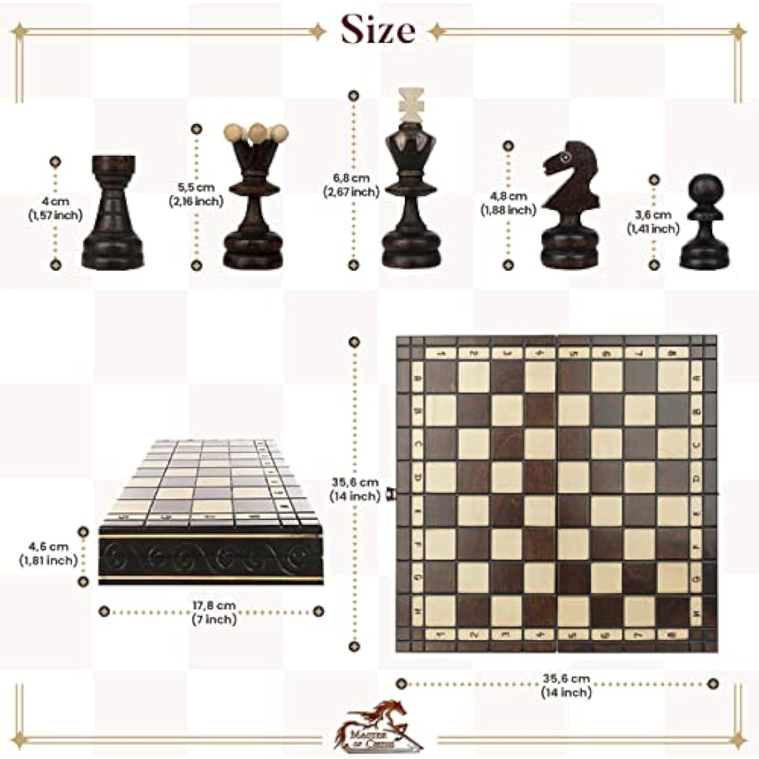 Master of Chess PEARL 35cm / 14 in Popular Europen Chess Set Hand Crafted Chess Board and Pieces Sets with Burnt Ornaments Luxury Chess Sets for Kids and for Adults in 4 Colors