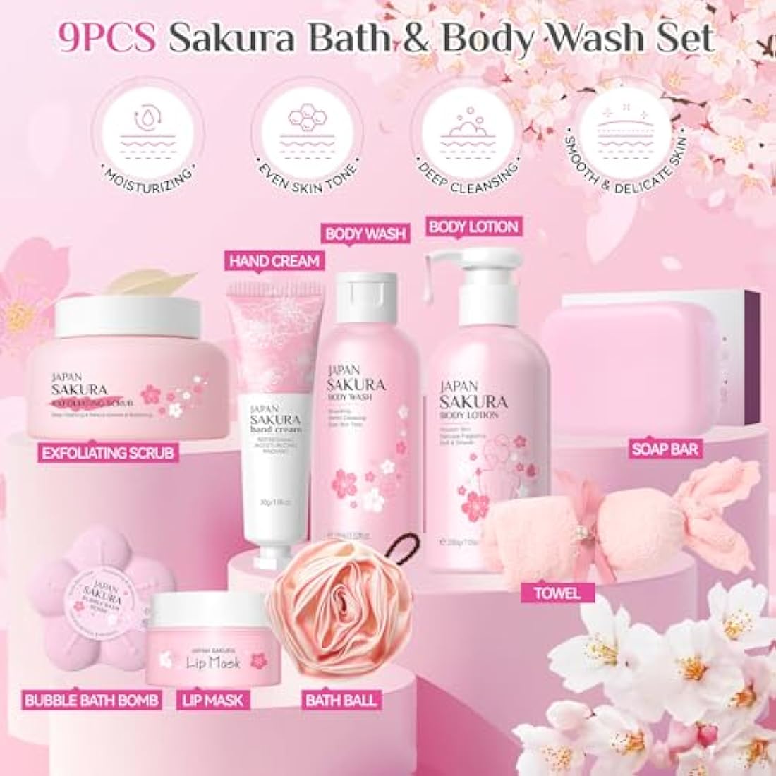 9 Pcs Bath Gift Sets, Pamper Gifts for Women, Sakura Bath Sets for Women Gifts with Body Wash, Lotion, Soap, Bath Bomb, Scrub, Hand Cream & Lip Mask, Home Spa Skincare Gift Set for Mom Teen Girls