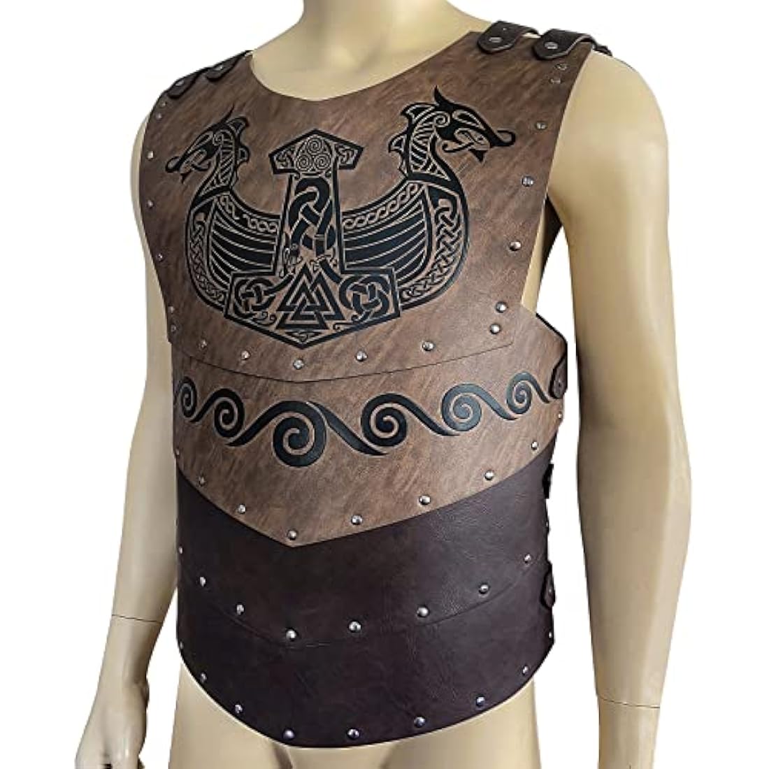 HiiFeuer Viking Faux Leather Embossed Langskip Chest Armor, Retro Medieval Knight Leather Armor for LARP/Cosplay (Brown B)