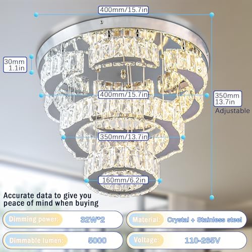 FRIXCHUR 15.7" Flower Crystal Chandelier Modern LED Flush Mount Ceiling Light 2 Rings Pendant Lights Chandeliers for Living Room Dining Room Bedroom (Dimmable)