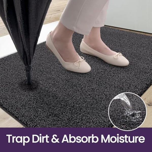 DEXI Dirt Trapper Door Mat Indoor, Non-slip Doormats Inside, Machine Washable, Super Absorbent Entrance Mats Soft Floor Carpet Rug, 80 x 120 cm, Black-Grey
