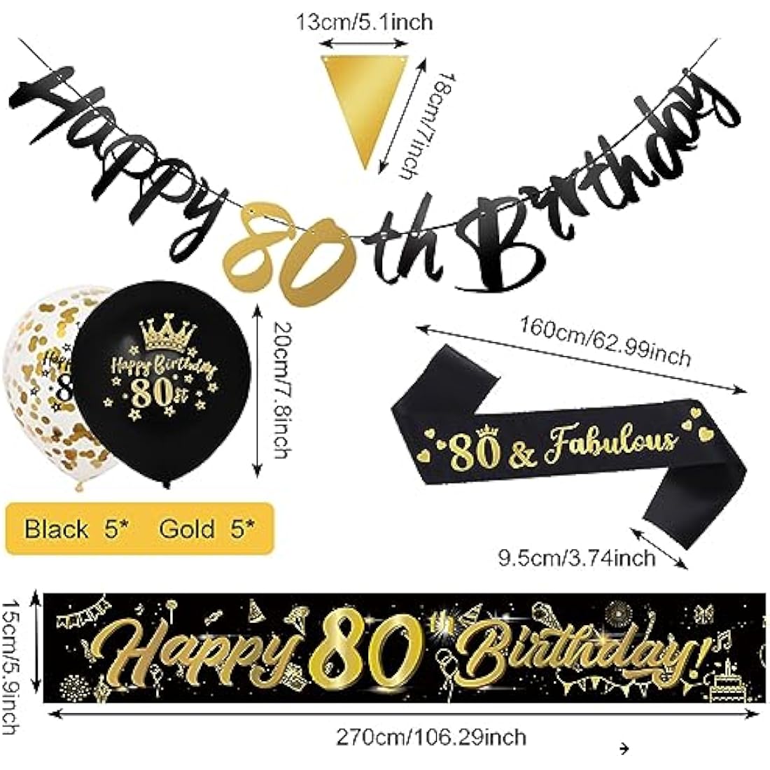 14 Pieces 80th Happy Birthday Decorations Kit, Birthday Party Decoration Including Party Supplies Birthday Straps 9ft Banner Triangle Flags Confetti Latex Balloons