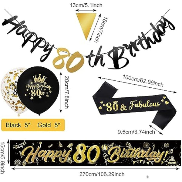 14 Pieces 80th Happy Birthday Decorations Kit, Birthday Party Decoration Including Party Supplies Birthday Straps 9ft Banner Triangle Flags Confetti Latex Balloons