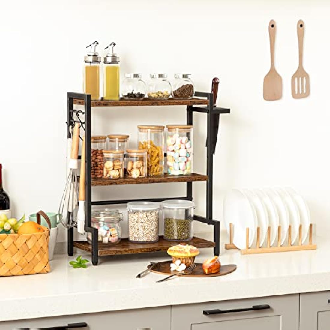 HOOBRO Spice Racks, Countertop Organiser Shelf, Desktop Organiser, Free Standing Desktop Shelves, Kitchen Storage Rack, Space Saving, for Spices, Jars, Oil Bottles, Rustic Brown and Black EBF01TL01