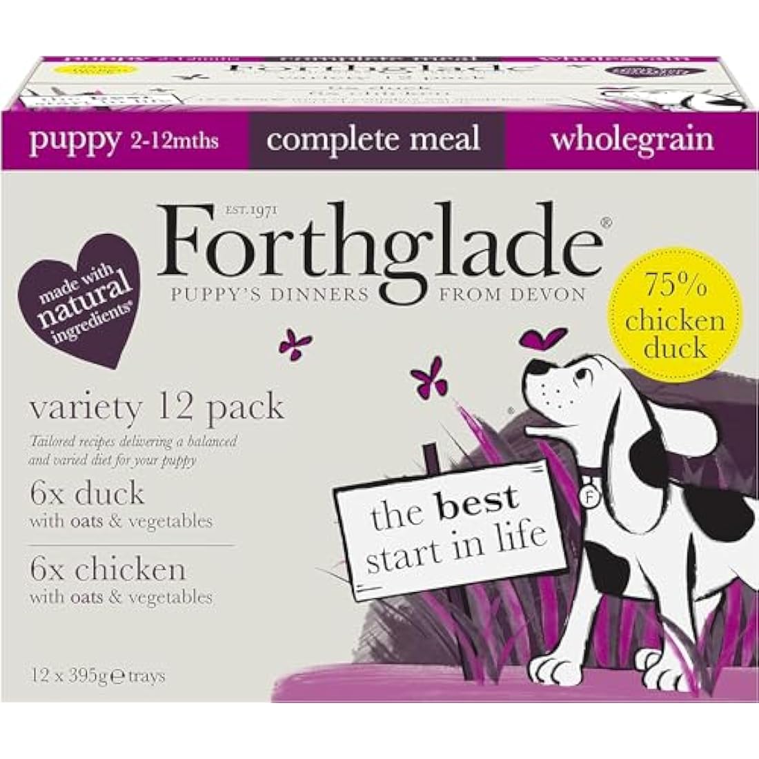 Forthglade Complete Natural Wet Dog Food - Wholegrain Variety Pack (12 x 395g) Trays - Chicken & Duck with Wholegrain Oats & Vegetables - Puppy Dog Food 2-12 months