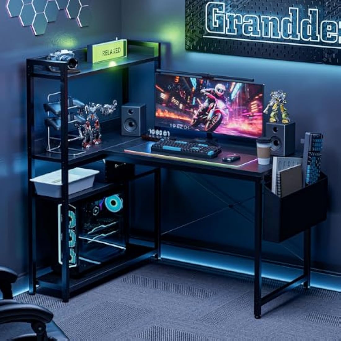 Grandder 120x80 cm L Shaped Gaming Desk with Reversible Storage Shelves, Computer Desk Home Office Corner Study Writing Table with Hutch, Study, Black