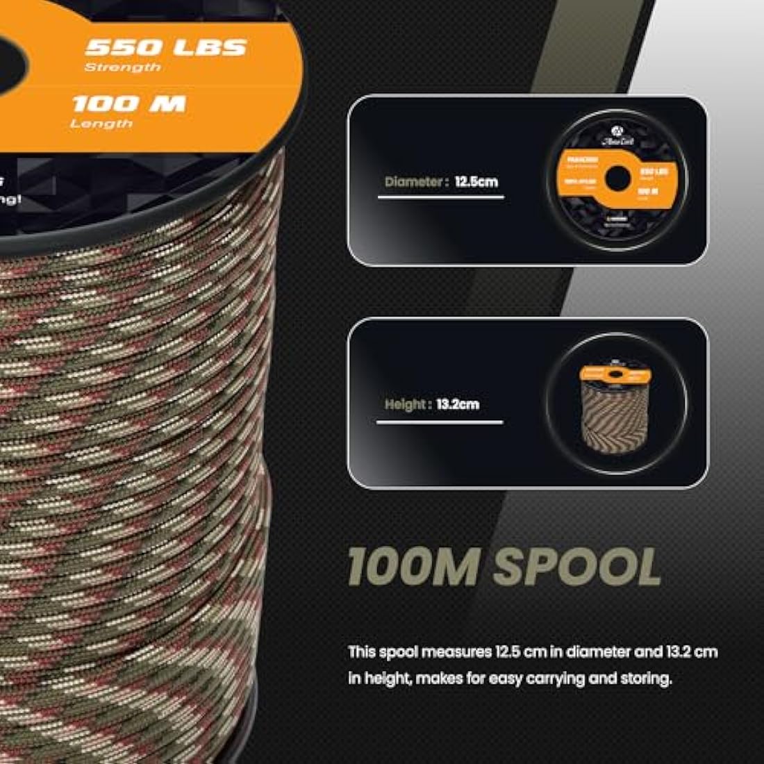 Abma Cord Paracord 550 4mm 100m 100% Nylon Rope Type III 7 Strands Parachute Cord for DIY, Camping, Survival, Outdoor - Max. 250kg - Forest Camo