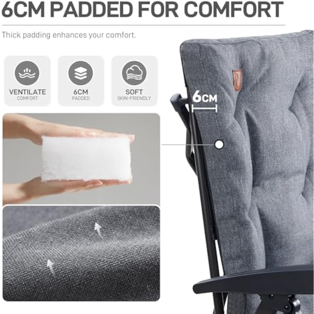 EVER ADVANCED Luxury Camping Chairs for Adults Heavy Duty Loadable 150kg High Back Oversized Folding Garden Chair Padded 6cm Comfy with Cup Holder Side Pocket Dining Chairs 4-Position Recliner