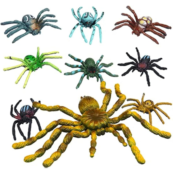 9 Pcs Plastic Spiders Animal Figures Large and Small Spiders Model Joke Presents Realistic Spider Prank Fake Spider Scary for Halloween Party Decorations Cake Topper Game Kid Early Educational Toys