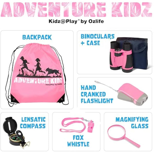Adventure Kidz Outdoor Exploration Kit, Children’s Binoculars, Flashlight, Compass, Fox Whistle, Magnifying Glass, Backpack. Great Gift Set for STEM, Pretend Play, Ages 3+