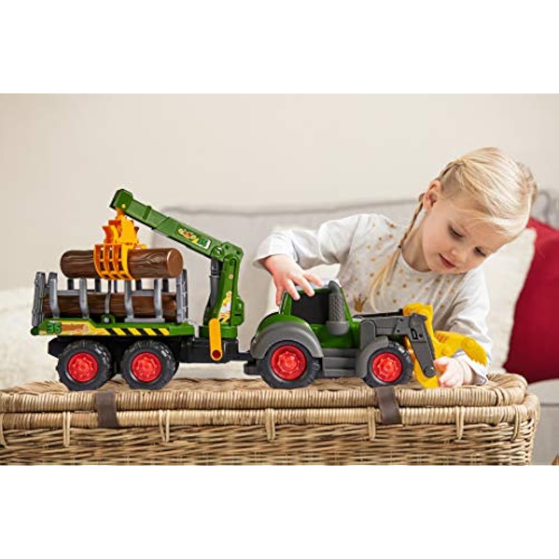 Dickie Toys 204119001 Happy Fendt Forest Toy Excavator with Trailer Mechanical Claw Over Handle Tree Trunks, Light & Sound, Batteries Included 65 cm Long, Green