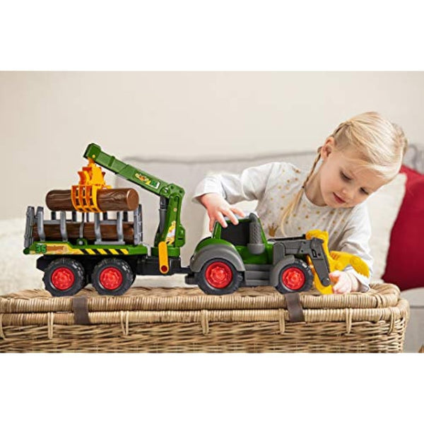 Dickie Toys 204119001 Happy Fendt Forest Toy Excavator with Trailer Mechanical Claw Over Handle Tree Trunks, Light & Sound, Batteries Included 65 cm Long, Green