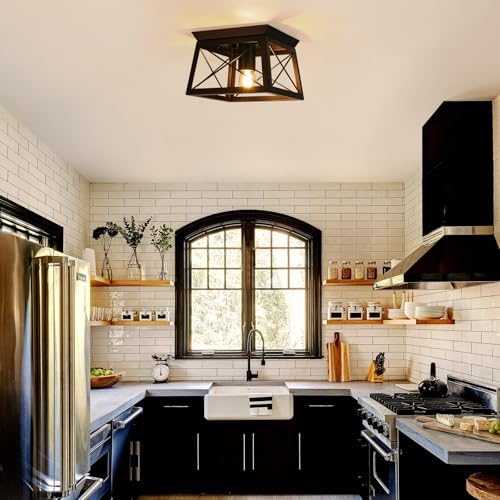 FORCOSO Black Ceiling Light Fixtures - E27 Industrial Flush Mount Ceiling Light 1-Light LED Square Metal Vintage Ceiling Lamp for Hallway Entryway Bedroom Living Room Kitchen - NO Bulb