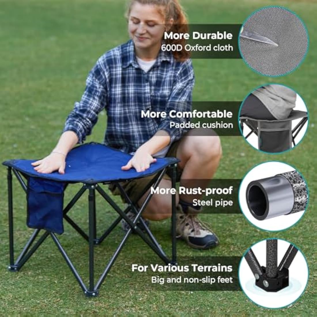 FUNDANGO Oversized Camping Stool with cushion, 18.1 Inch footstool 400 Lbs Heavy Duty Padded Collapsible folding stool Portable Foldable seat for Outdoor Garden Fishing Hiking with Carry Bag (Grey)