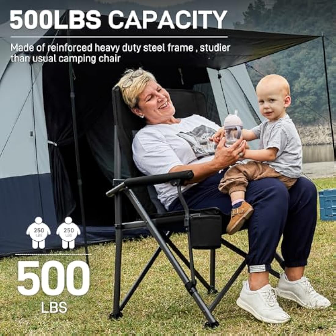 EVER ADVANCED Camping Chair for Adults Oversized 230KG, Folding Chair for Heavy People with Side Pocket, Heavy Duty Extra Wide with Hard Armrest Foldable Garden Fishing Outdoor Fold up