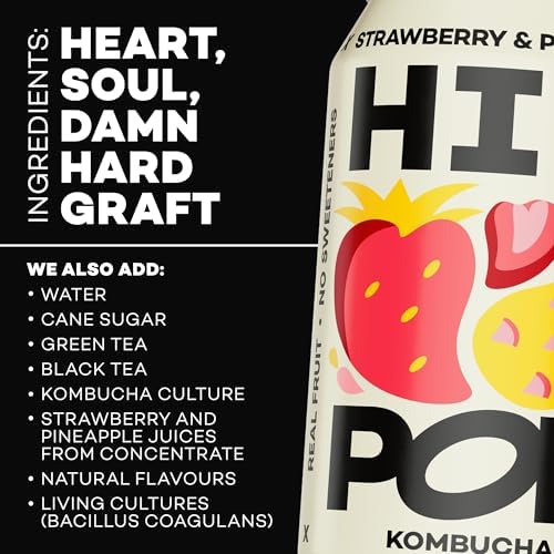 Hip Pop Kombucha, Strawberry & Pineapple, Low Calorie, 100% Natural, Vegan, Branding of Cans May Vary, 24 x 330 ml