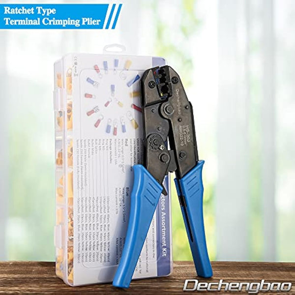 Insulated Wire Terminal Crimping Tool Kit, 0.5-6mm² Ratchet Crimping Plier, Cable Lug Pliers Electrician Crimping Tool Set with 700 Insulated Butt Bullet Spade Ring Crimp Connectors