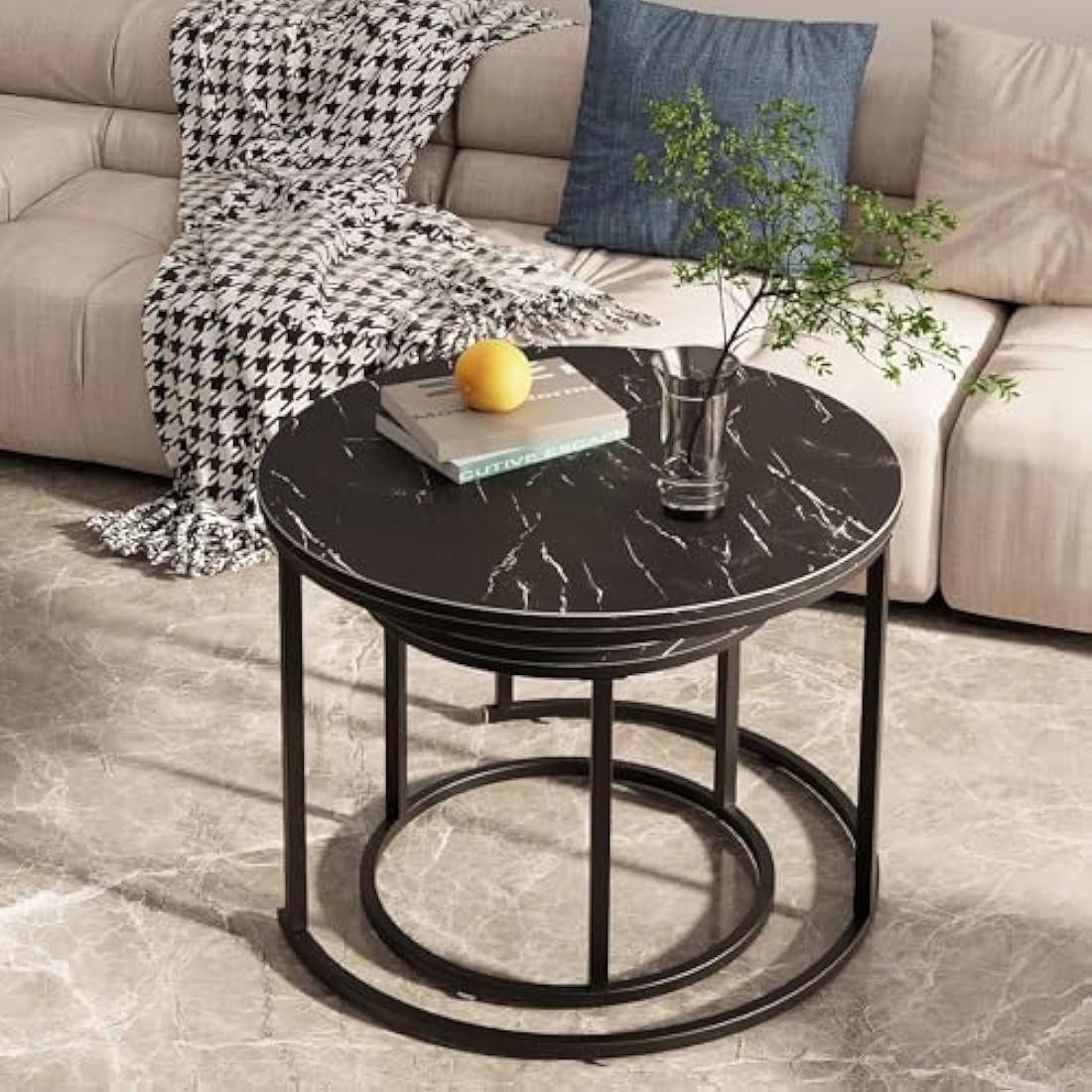 Huhote Round Coffee Tables, Set of 2 End Table, Nesting Tables, Side Table with Metal Frame for Living Room/Bedroom/Balcony/Office/Apartment, Diameter 23.6/15.7 IN (Black Frame, Black Marble Top)