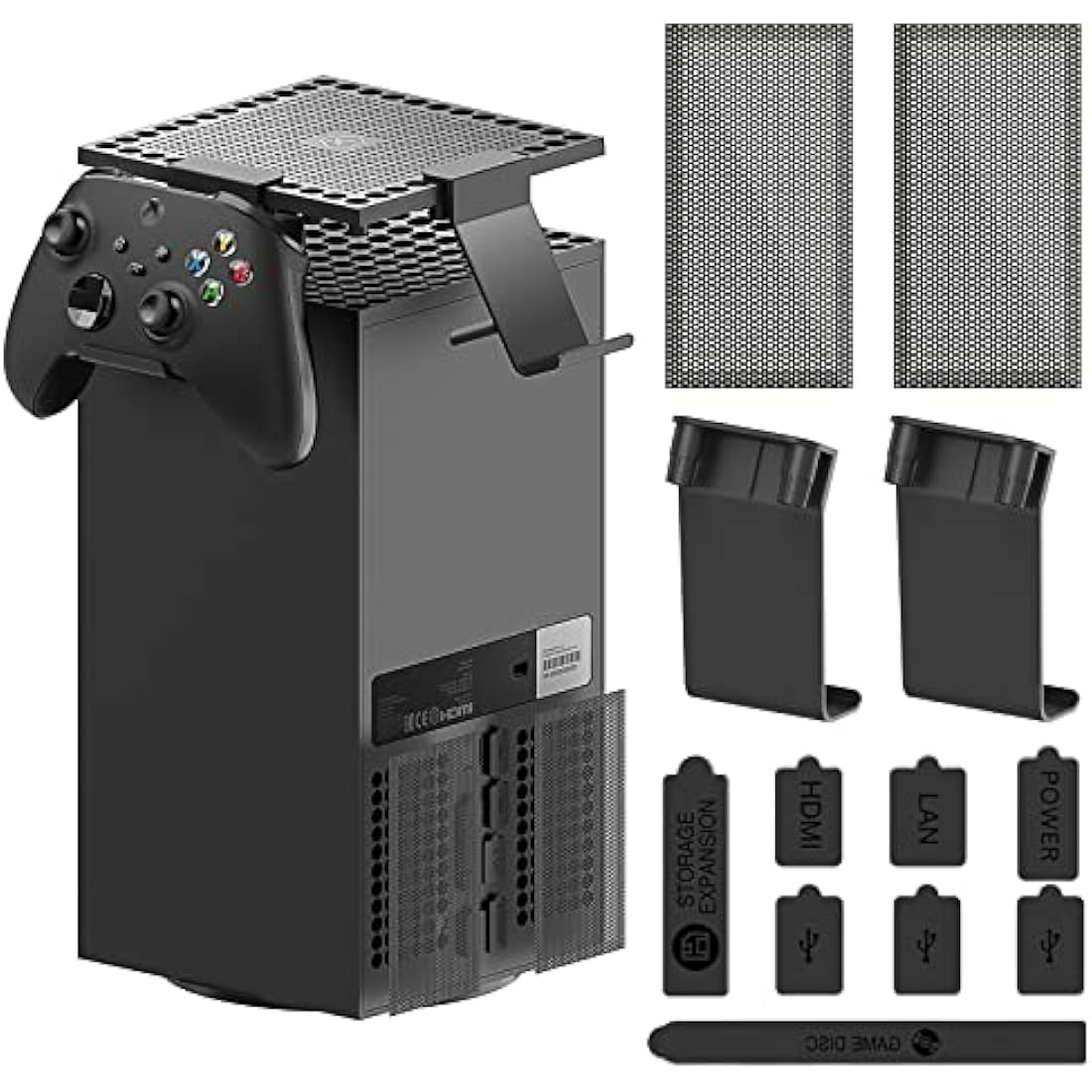 Dust Cover Controller Mount Compatible with Xbox Series X - 2 in 1 Game Accessories with Dust Filter Cover Compatible with XSX Console and 2 Holder Hanger Stand for Series X Controller & Game Headset