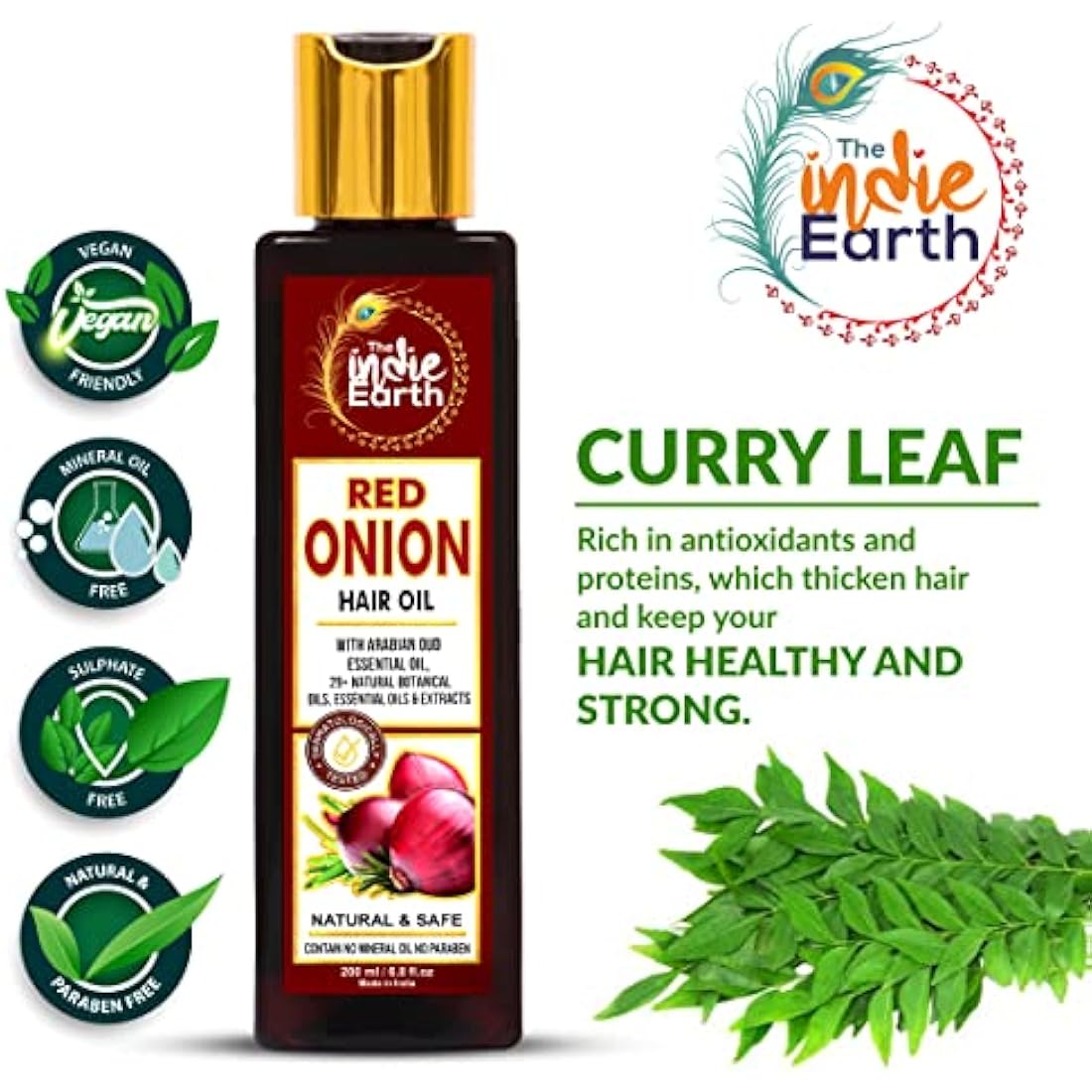 INDIE EARTH RED ONION HAIR OIL 200 ML - ANTI HAIR LOSS & HAIR GROWTH WITH BLACK SEED, CURRY LEAF, HIBISCUS BHRINGRAJ & 29+ NATURAL OILS & EXTRACTS