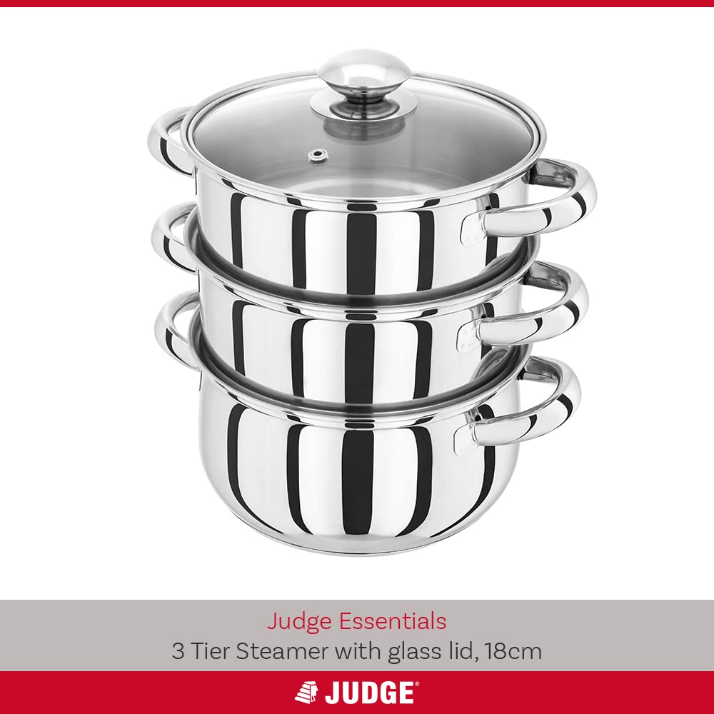 Judge Essentials Stainless Steel 3 Tier Steamer 18cm, Vented Glass Lid, Integral Casserole Pot, Oven Safe, Induction Ready, 25 Year Guarantee
