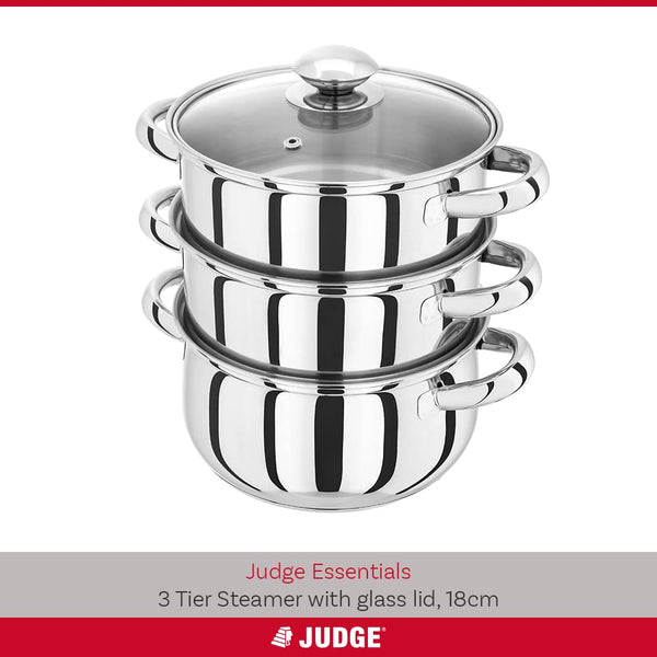 Judge Essentials Stainless Steel 3 Tier Steamer 18cm, Vented Glass Lid, Integral Casserole Pot, Oven Safe, Induction Ready, 25 Year Guarantee