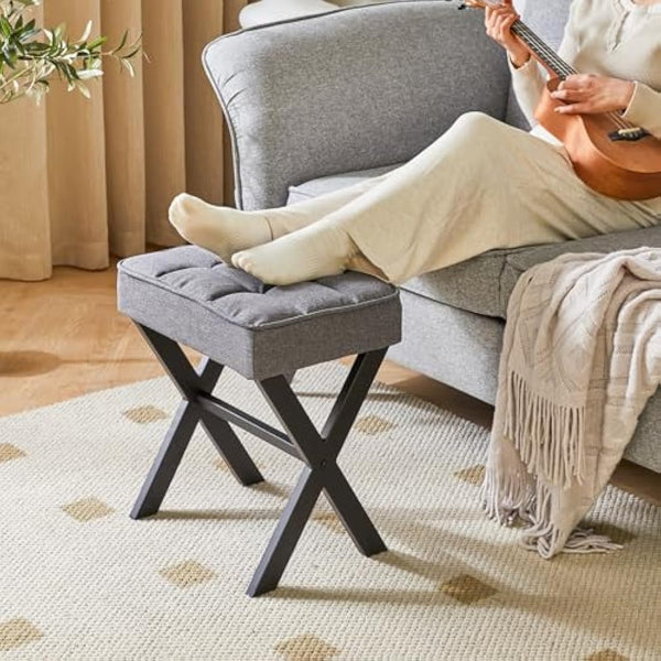 IBUYKE Square Makeup Stool with X-Leg Foot Rest, Linen Footrest Stool, Ottoman Seat Vanity Stool, Multi-Use as Small Side Table, for Bedroom, Living Room, Dark Gray L/G-70G