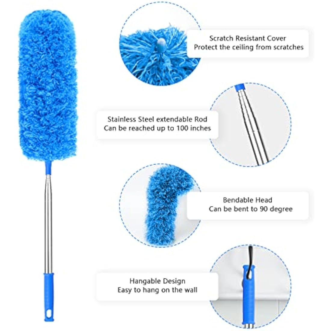 ENJSD Extandable Feather Duster,Microfiber Duster with 100Ines Stainless Steel Extra Long Telescopic Dusters with Soft Silicone Cap,Perfect for Cleaning Cobweb,Ceiling Fan,Cars etc.(Blue)