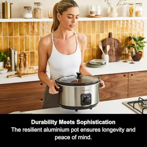 Morphy Richards 6.5L Slow Cooker, Ceramic Pot, 3 Cooking Settings, Easy Clean, Silver, 461013, Brushed Steel