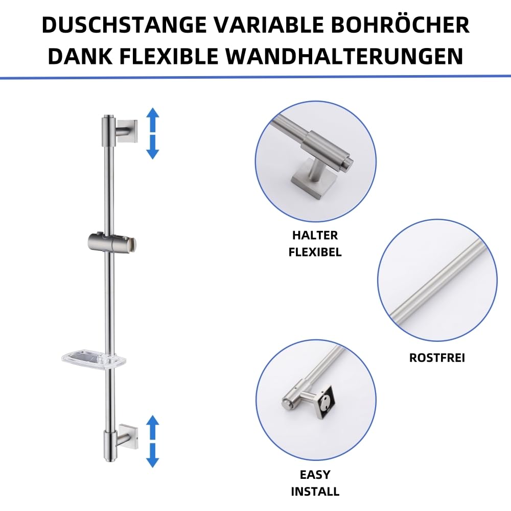 HomeHeng Shower Riser Rail 80CM, Wall Mounted Shower Slide Bar with Soap Dish Bracket Brushed Nickel Adjustable Shower Head Holder Bar for Bathroom,