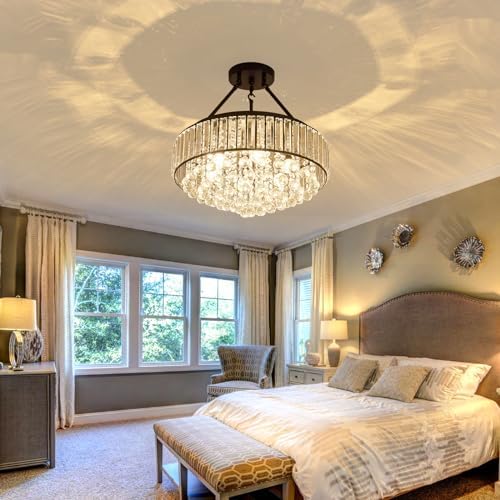EOPSPYI 6-Lights Modern Crystal Chandelier Black Metal Semi Flush Mount Ceiling Light Fitting Round Ceiling Light for Dining Room Living Room Bedroom Bathroom Kitchen