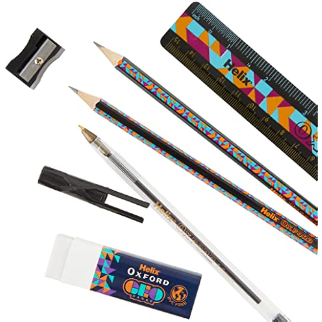 Helix Oxford Geo Complete Maths and Stationery Set - Oxford Maths Set, 30cm Folding Ruler, Ballpoint Pens, Eraser, Exam ready clear Pencil Case, Pencils - Orange Geometric Design