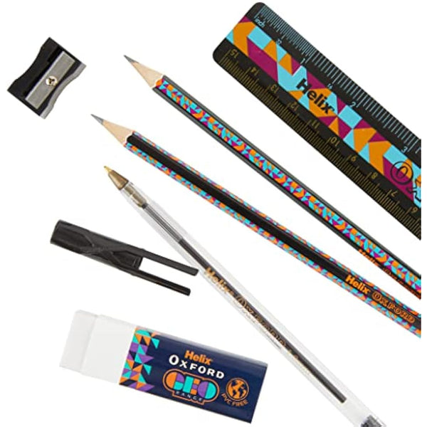 Helix Oxford Geo Complete Maths and Stationery Set - Oxford Maths Set, 30cm Folding Ruler, Ballpoint Pens, Eraser, Exam ready clear Pencil Case, Pencils - Orange Geometric Design