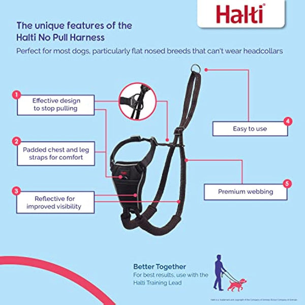 HALTI No Pull Harness & Training Leash Large Combination Pack - Stop Dog Pulling, Black, Adjustable, Lightweight, Easy to Use for Large Dogs