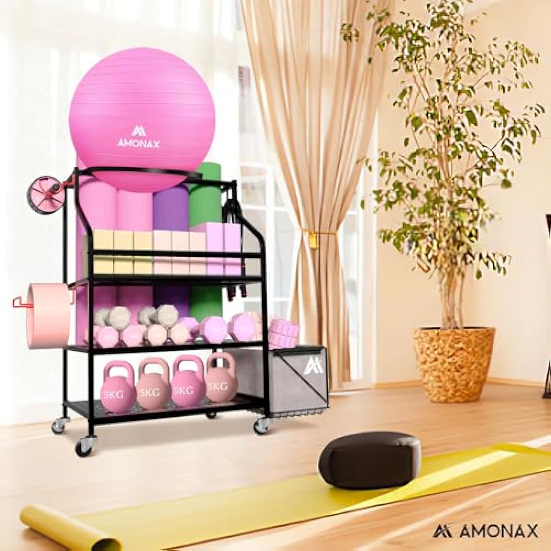 Amonax Home Gym Storage Dumbbell Rack, Weight Stand Kettlebell Rack Yoga Mat Holder Rack for Barbell Pad Resistance Band Foam Roller, Fitness Accessories Organizer Workout Equipment for Women