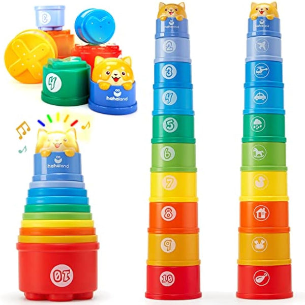 Hahaland Rainbow Stacking Cups 10 Pcs for 1 Year Old Girls Boys With Lights Sounds - Number Nesting Cups Educational Bath Baby Toys 12 18 Months 2 Year Old