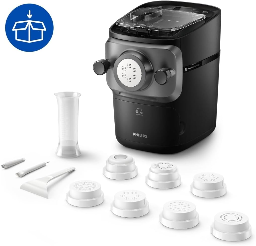 Philips 7000 Series Pasta Maker - ProExtrude Technology, Auto-Weighing, 8 Shaping Discs, Perfect Dough, Easy Clean, Up to 8 Portions, Black (HR2665/93)