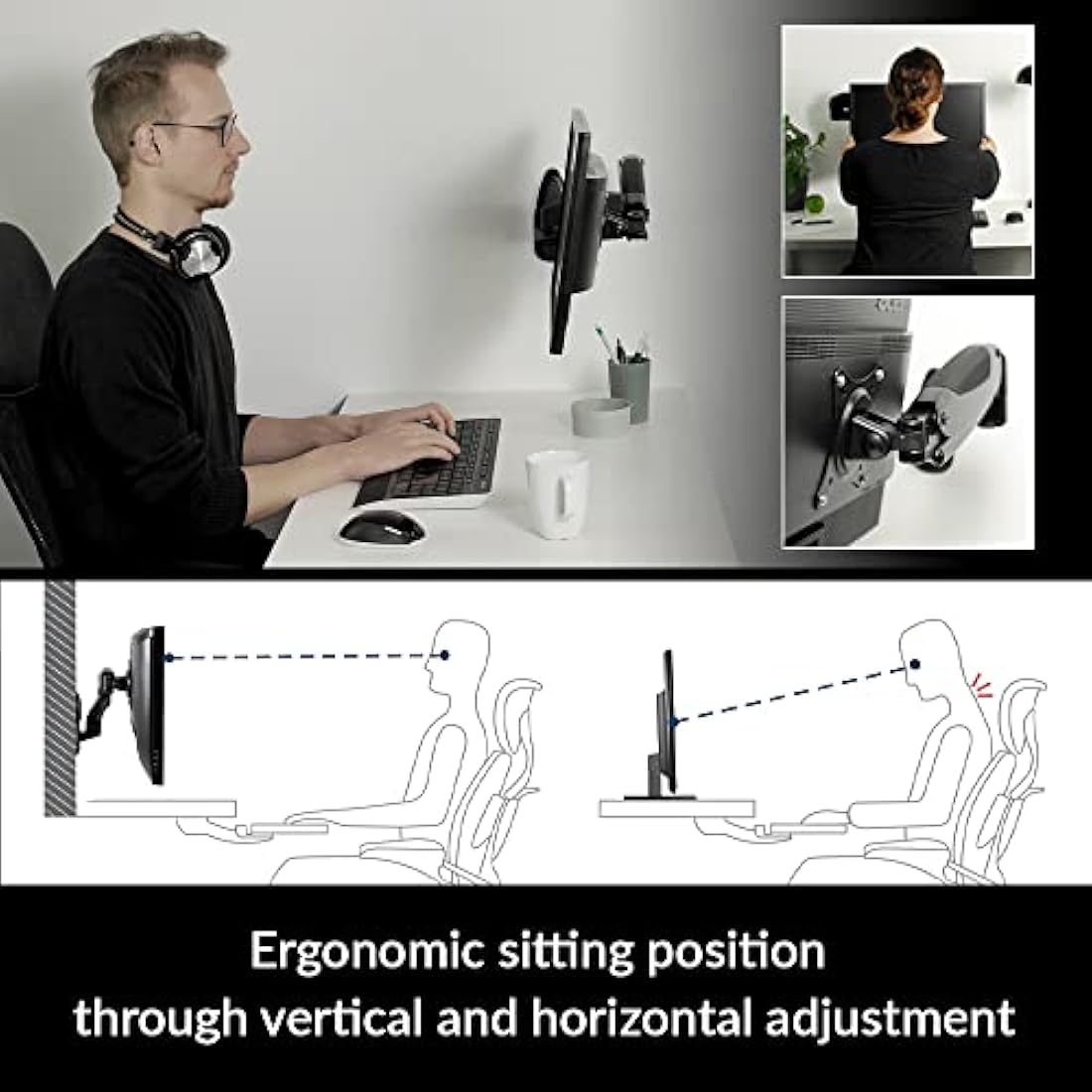 ARCTIC W1-3D - Wall Mount with Full Motion Gas Lift Arm, Wall Space-Saving Attachment, up to 43"/49" Ultrawide, up to 8 kg (17.6 lbs), simple and quick installation - Black
