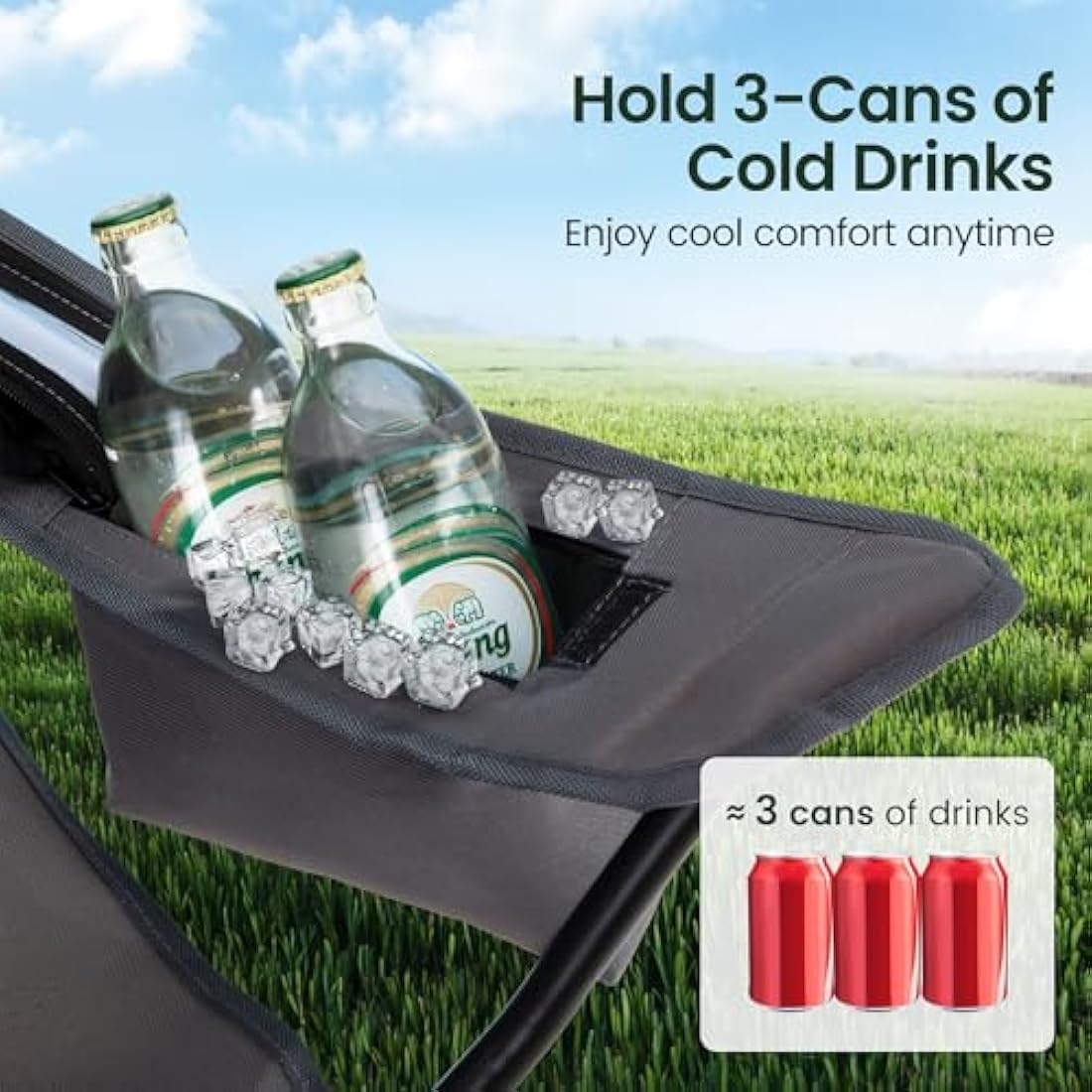 ALPHA CAMP Set of 2 Folding Camping Chairs with Cooler Bag & Cup Holder & Side Pocket Up to 120kg, Lightweight and Portable Camping Chair for Adults, Grey