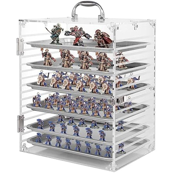 Famard Miniature Carrying Case for Collectibles Miniatures Storage, Clear Acrylic Action Figure Display Case with Protective Door Compatible with Warhammer 40k,DND&More