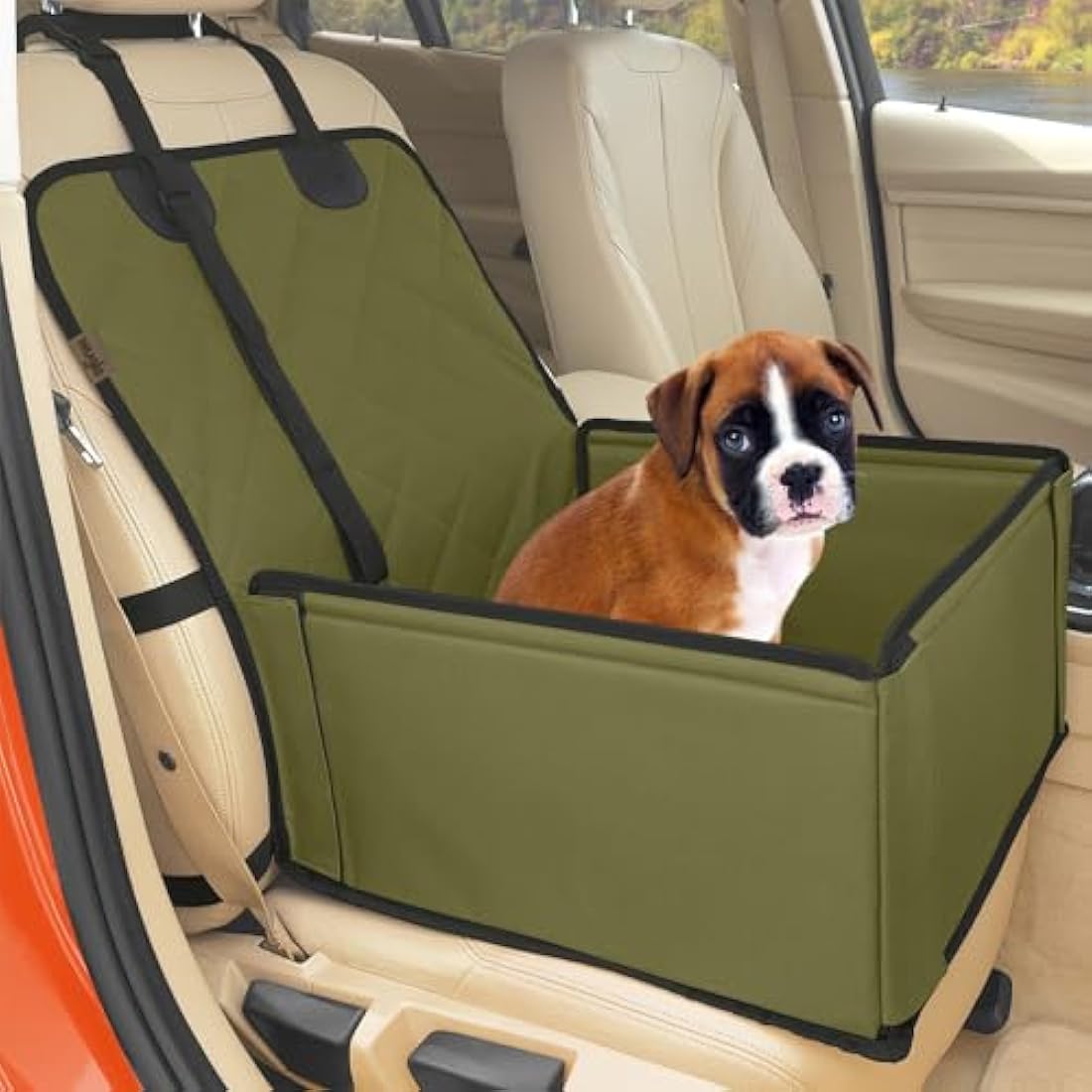 Wuglo Extra Stable Dog Car Seat - Robust or Puppy for Small to Medium-Sized Dogs Reinforced Walls and 3 Belts Waterproof Pet Back Front (Khaki) (ST-1-BG)