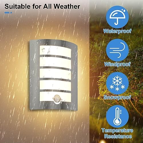 Allesgute Outdoor Wall Lights with PIR Motion Sensor, Curved Outside Light Mains Powered Stainless Steel IP44 Waterproof Wall Lamp Incl. 12W E27 LED Bulbs Warm White for Front Door Porch Stairway