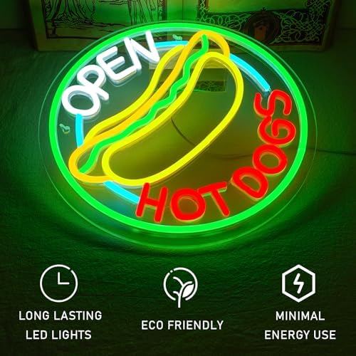 Ineonlife Open Hot Dogs Neon Signs for Wall Decor Neon Lights for Restaurant Dimmable Led Business Signs for Fast shops Christmas Party Gift Wall Hanging Decorative Lights 5V/2A USB Connectivity