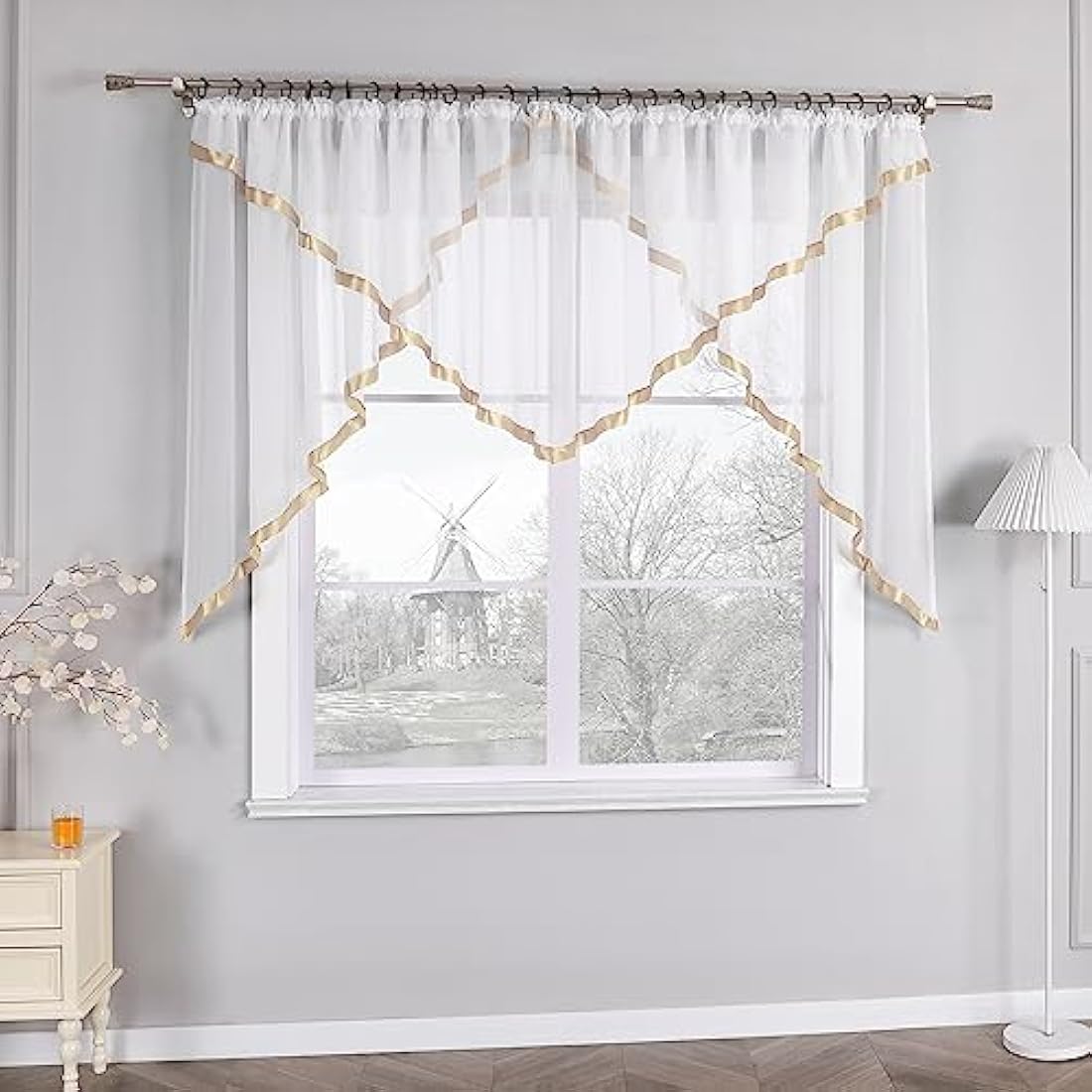 HongYa Kuvertstore Transparent Voile Curtain with Satin Ribbons Ruffle Tape Curtain H/W 120/300 cm Sand