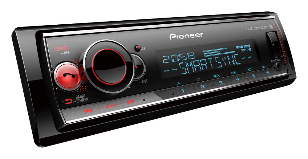 Pioneer MVH-S320BT 1-DIN receiver with Bluetooth, Red illumination, USB, Spotify, Pioneer Smart Sync App and compatible with Android devices.