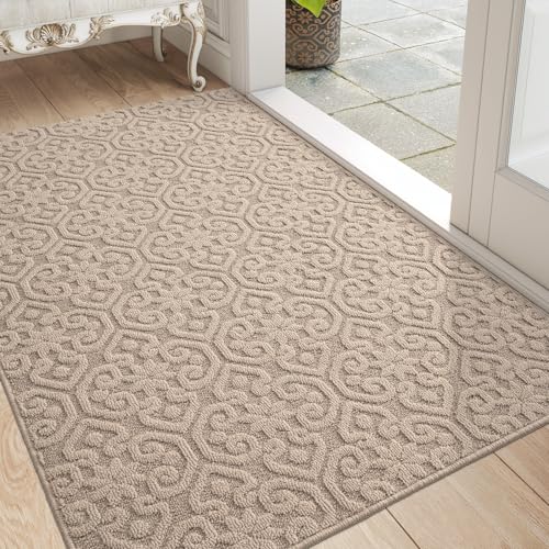 DEXI Door Mats Indoor 92 x 152 cm, Dirt Trapper Doormat with Non Slip Rubber Backing, Thin Washable Front Entrance Mat for Inside, Patio, Porch, Beige