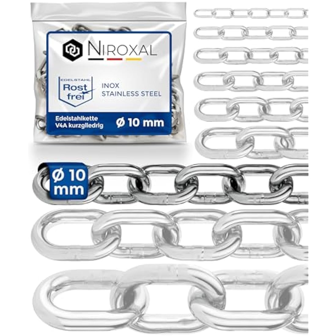 3 Pieces 150-cm = 1,5-Meter 10-mm Thick Stainless Steel Chain V4A Short-Linked from NietFullThings on Piece Anchor Chain DIN 5685 DIN 766 1,5-m