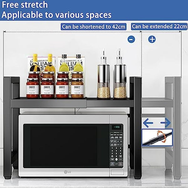 Expandable Microwave Oven Rack 2Tier microwave shelf,with 6 hooks Adjustable Carbon Steel Microwave Shelf,Kitchen Counter Organizer Shelf Stand,Pot Pan Grill Storage Racks, Width 40-64cm Black